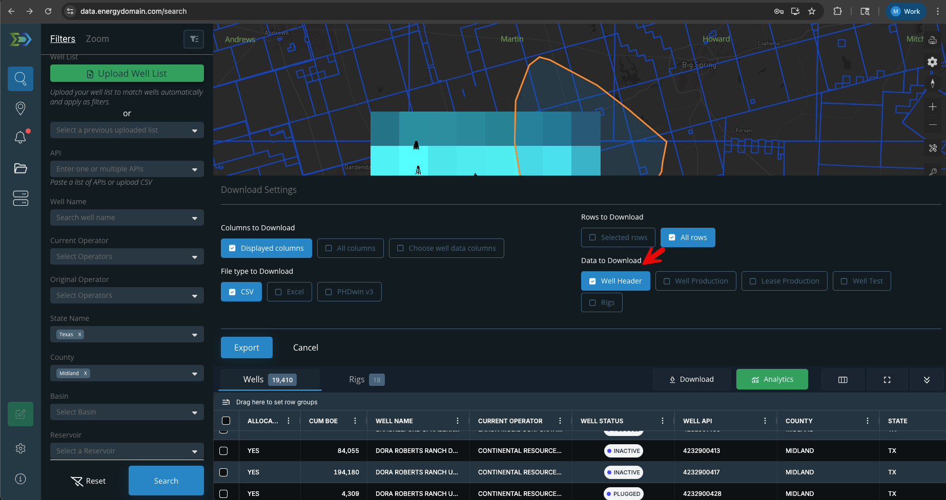 Download Settings - Well Header
